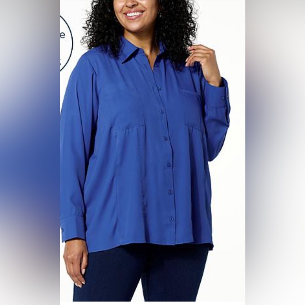 NWT DG2 By Diane Gilman Women's 1X Royal Blue Long Sleeve Button-Up Blouse